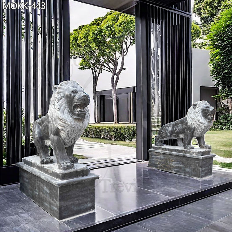 pair of standing black lion statues in front of house for sale 4