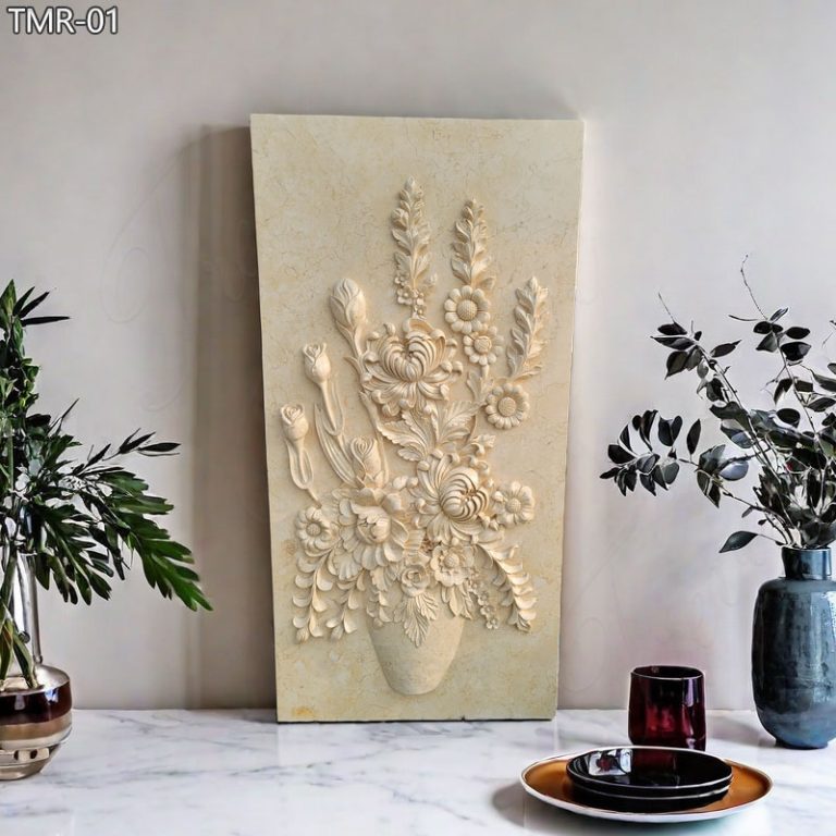 beige marble flower relief sculpture for indoor decor