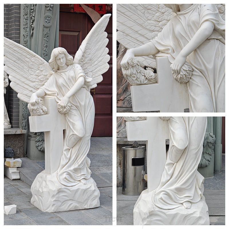 beautiful marble angel with cross statue details