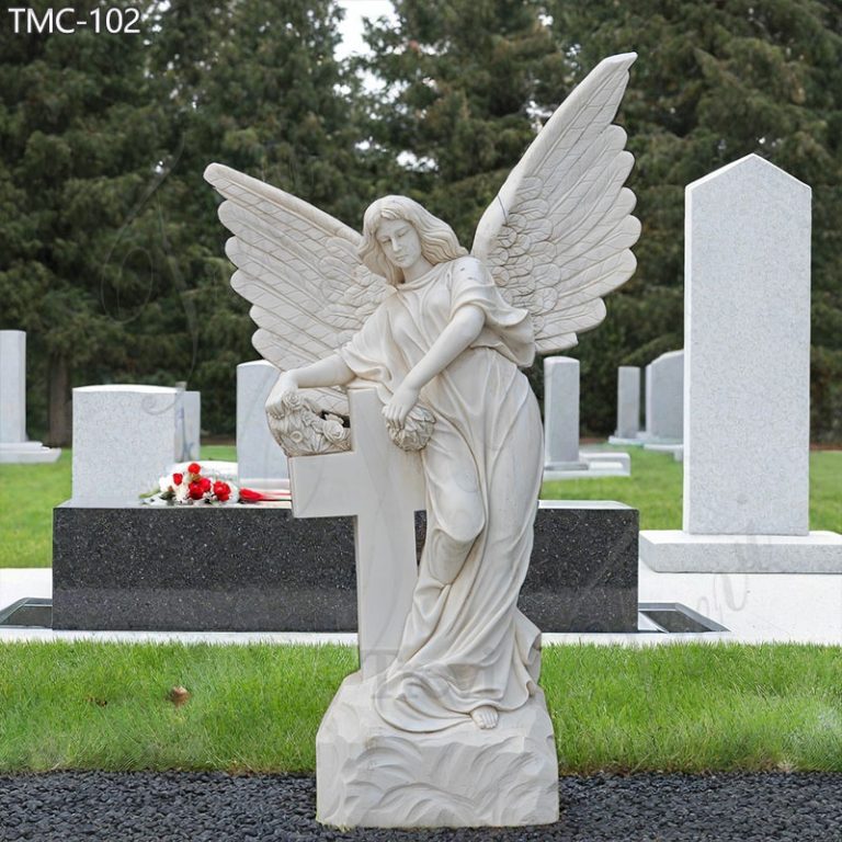 beautiful marble angel with cross statue for cemetery