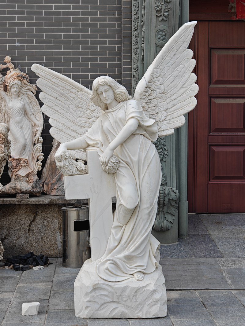 marble angel with cross statue for graveyard