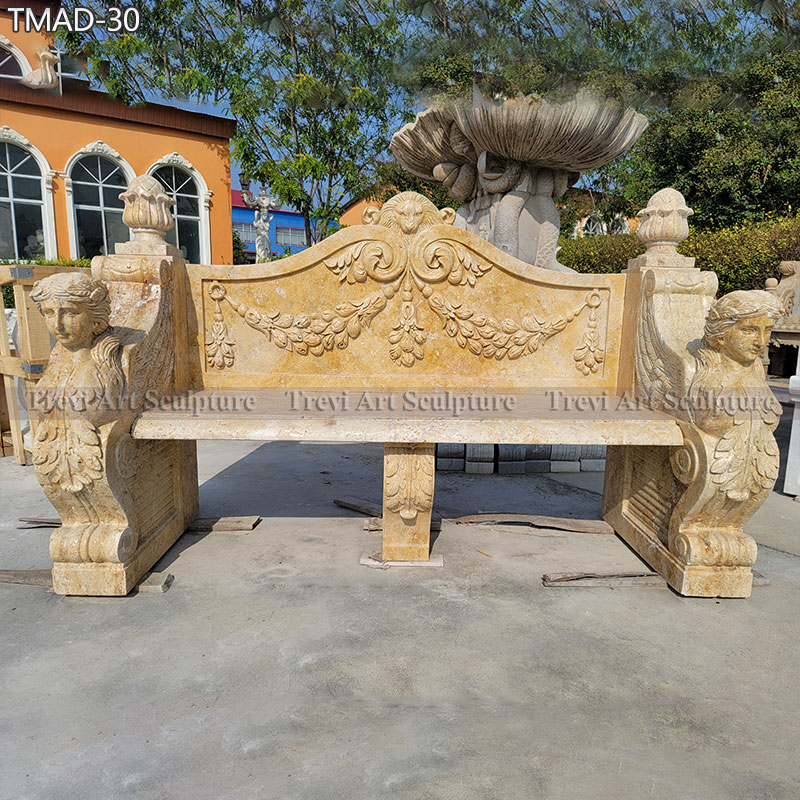 beige marble bench with lion statue